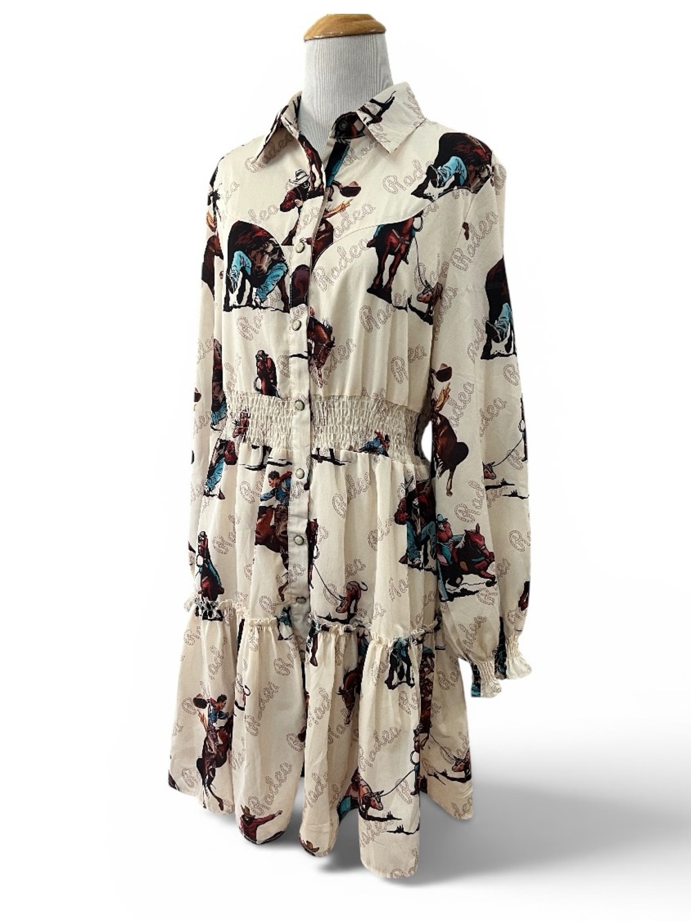 FASHION EXPRESS RETRO RODEO COWBOY PRINT DRESS WITH PEARLIZED SNAP BUTTONS SZ M
